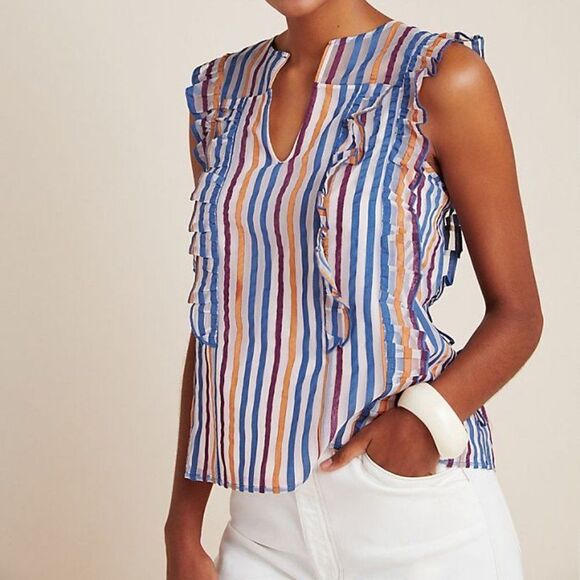 Striped Anthropologie Maeve Ruffled Sleeveless Blouse (NWT) - Picture 1 of 5